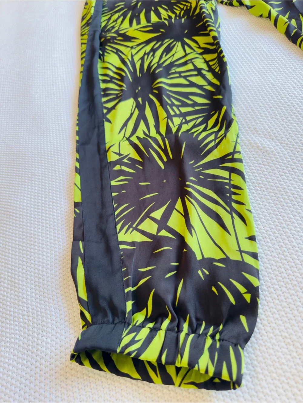 MICHAEL KORS Satin Neon Lime Green & Black Palm Leaf Print Track Pants